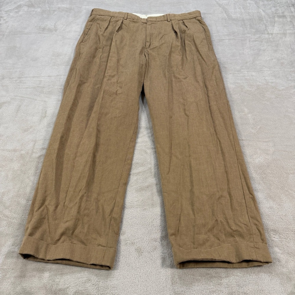 Polo Ralph Lauren Mens 36x30 Pleated Trousers Tan Brown Cotton Wide Leg Cuffed